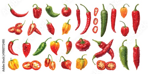 Watercolor spicy chili peppers, habanero, jalapeno, cayenne whole and sliced with water drops, isolated on transparent background