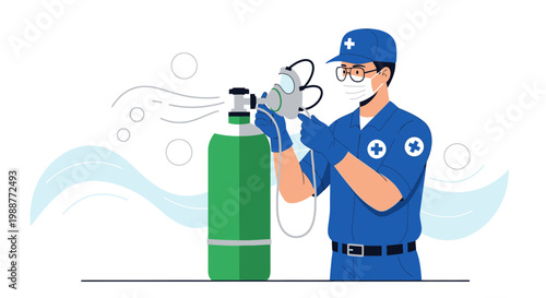Medical professional with oxygen tank and mask, respiratory therapy, medical care concept