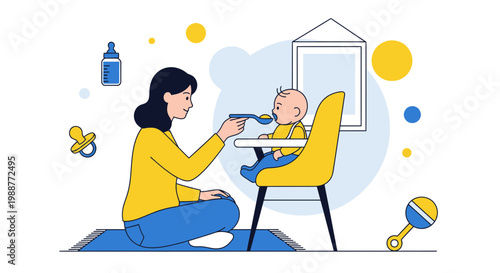 Mother feeding baby in high chair, healthy eating, family bonding, illustration
