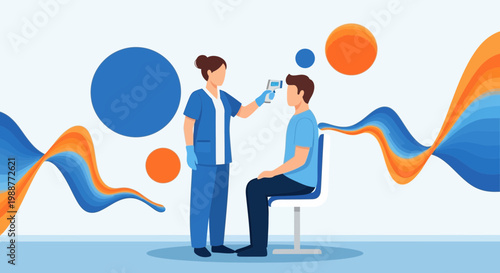 Nurse checking patient's temperature with infrared thermometer, healthcare concept