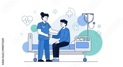 Nurse comforting patient in hospital bed, healthcare support, medical care illustration