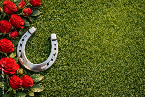 A high-quality top view of a silver horseshoe resting on a lush green grass background, elegantly framed by a border of vibrant red roses. Perfect for concepts of luck, success, and horse racing.