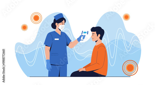 Nurse measures patient's temperature with infrared thermometer, healthcare concept