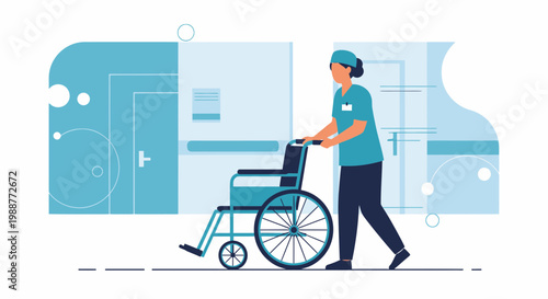 Nurse Pushing Wheelchair in Hospital Corridor - Healthcare Assistance Concept