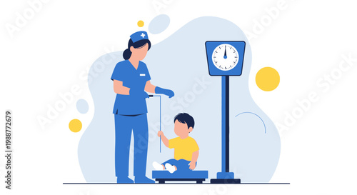 Nurse weighing a child on a scale, pediatric check-up, healthcare concept