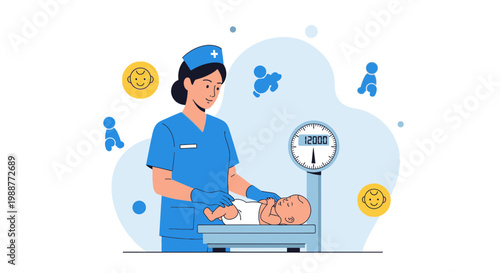 Nurse weighing newborn baby on scale, healthcare, pediatrics, medical check-up, infant care