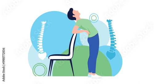 Person stretching back with chair and spine diagrams, back pain relief concept