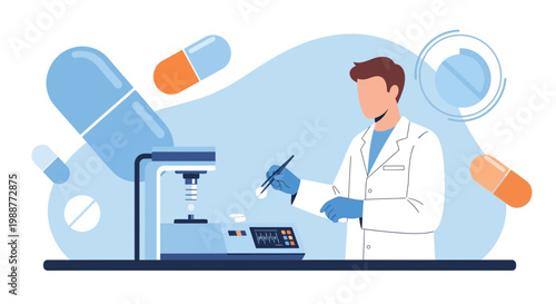 Pharmacist in lab coat working with scientific equipment, capsules and pills