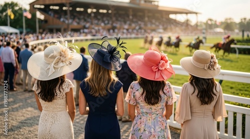 A group of elegant women in sophisticated pastel dresses and ornate wide-brimmed hats watch a horse race at sunset. Back view of friends enjoying a luxury social event at the racetrack.