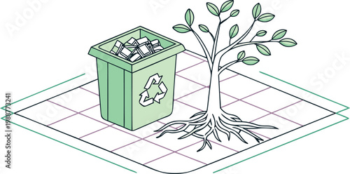 Recycling bin with paper waste next to a tree on a grid background