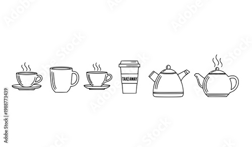 Coffee Tea Cup Outline Icons Thin Line Editable Stroke Vector Set for Web and Print
