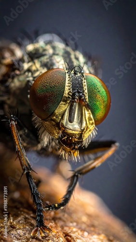 Extreme close-up of an insect's head, showing large, multifaceted eyes with green and orange hues. Fine details of its legs and body are visible