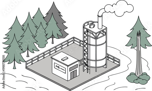 Industrial plant with a large storage tank and smoke stack surrounded by a forest