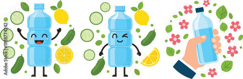 Cute infused water bottle characters with cucumber lemon ingredients, healthy detox drink concept, cartoon vector illustration for wellness and hydration themes