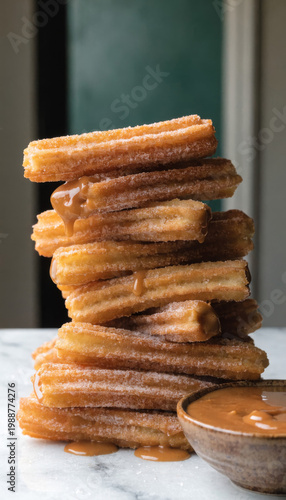 Stack of Crispy Churros with Dulce de Leche Close Up Dessert Photography
