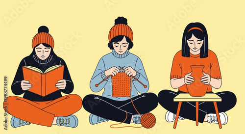 Three women engaging in hobbies together.