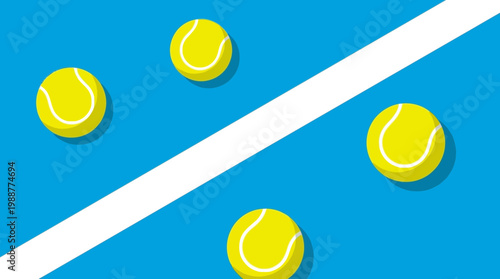Vibrant Tennis Balls Scattered Across a Blue Court with a Clean, White Line Design