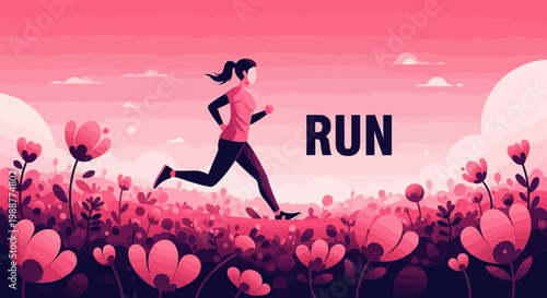 Vibrant Woman Running Through Blossom Field Motivational And Energetic Illustration