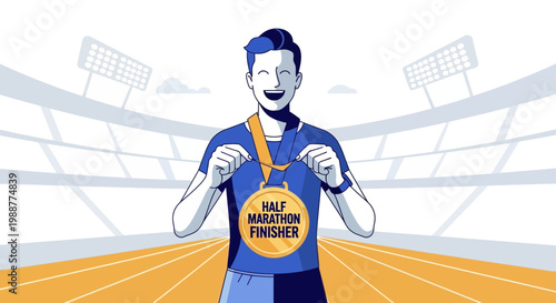 Victorious Athlete Celebrating Half Marathon Completion With Gold Medal Awarded