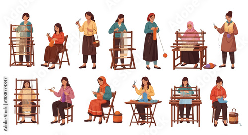 Illustrations of women working on looms.