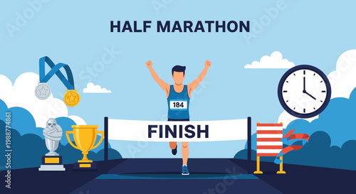 Victory Achieved Crossing The Finish Line In A Marathon Race With Trophies And Medals