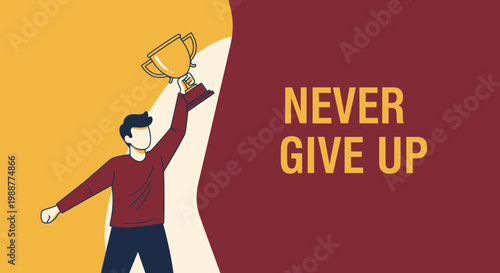 Victorious Individual Celebrates Accomplishment Holding Trophy High With Motivational Phrase