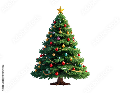 Colorful christmas tree decorated with ornaments and lights in a festive setting