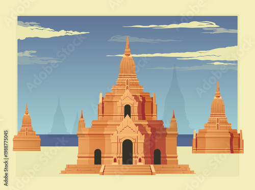 Bagan Buddhist temples and pagodas in Myanmar - Burma - Stock Illustration