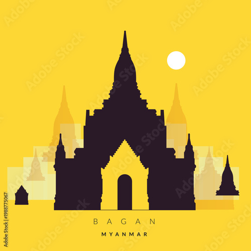 Bagan Buddhist temples and pagodas in Myanmar - Burma - Stock Illustration