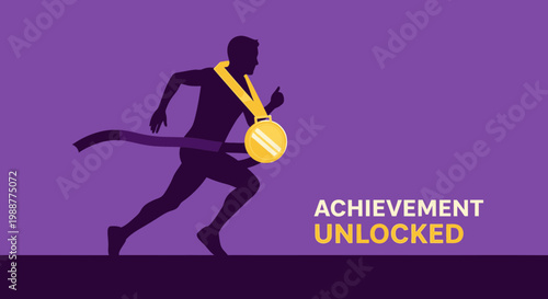 Victory Silhouette: Runner Crossing Finish Line with Gold Medal and Achievement Text