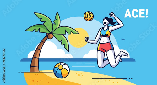 Volleyball Action on The Beach Depicting An Ace During A Beautiful Summer Day