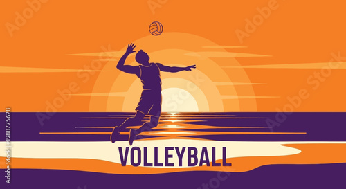 Volleyball Player Silhouetted Against Sunset Sky Above Water With Beach