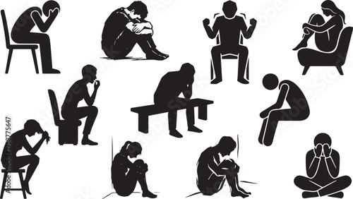 Bundle of minimalist black vector silhouettes of people experiencing sadness loneliness and depression in various sitting poses