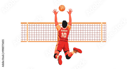 Volleyball Player Spiking the Ball in Mid-Air Over the Net with Action and Power