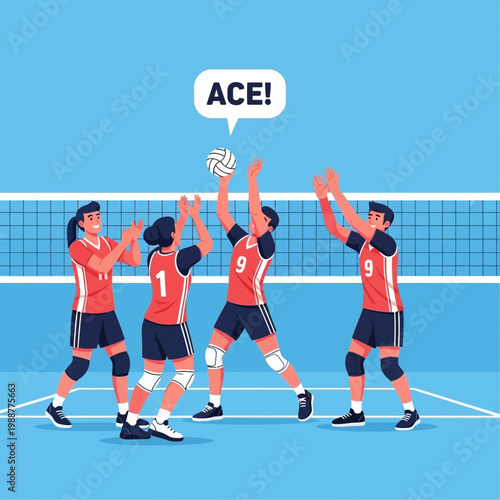 Volleyball Players Celebrating Successful Ace Shot During Competitive Tournament Game Victory Moment