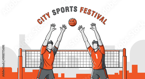 Volleyball Players in Action at City Sports Festival in Minimalist Orange and Gray Design