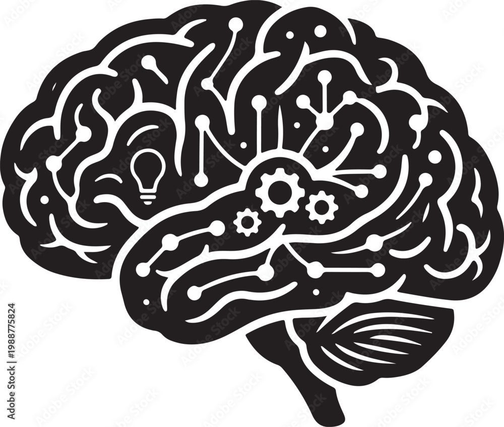 Fototapeta premium Creative black and white vector silhouette of a human brain featuring digital circuit lines gears and a light bulb representing artificial intelligence innovation and logic