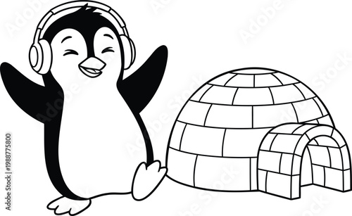 Cute penguin wearing headphones vector illustration dancing near igloo ice house character.