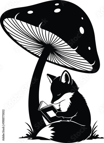 Obraz na płótnie Fox reading book under mushroom vector illustration.