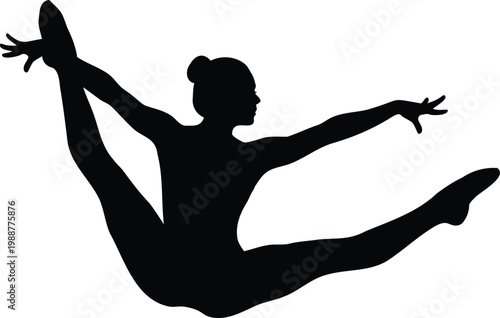 Gymnast woman silhouette vector illustration performing artistic gymnastics splits jump pose.