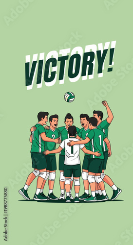 Volleyball Team Celebrates Triumph After Intense Match Depicting Unity and Achievement