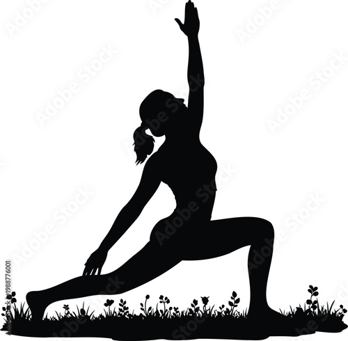 Woman practicing yoga warrior pose in nature illustration vector.