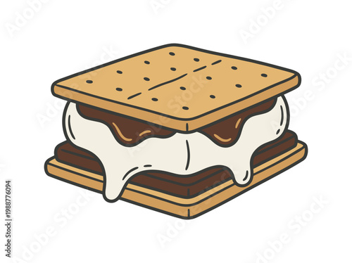 S'mores dessert illustration: cute hand-drawn toasted marshmallow sandwich with melted chocolate, graham cracker, isolated.
