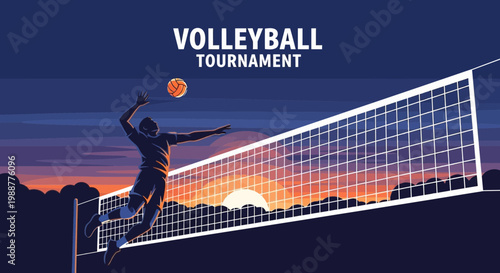 Volleyball Tournament Game Action Silhouette Above The Net During Golden Hour Sunset