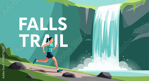 Waterfall Trail Adventure With Woman Running, Outdoors Sports And Nature Scene