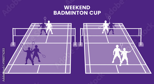 Weekend Badminton Tournament Illustration Depicting Players in Action on Court Design