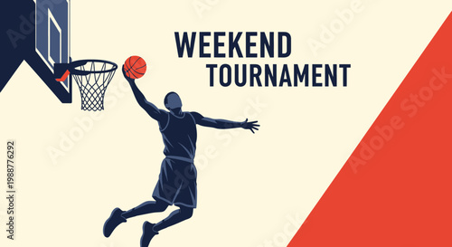 Weekend Basketball Tournament Illustration: Dynamic Dunker Silhouetted Against Artistic Design