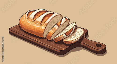 A sliced loaf of bread on cutting board.