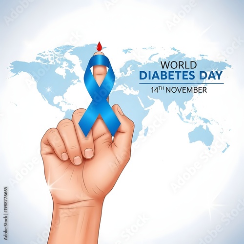 World diabetes day concept hand holding a blue ribbon and candle against a global map