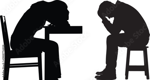 Highly detailed black vector silhouettes of a man and woman sitting in deep despair and sadness representing relationship conflict depression and mental health struggles